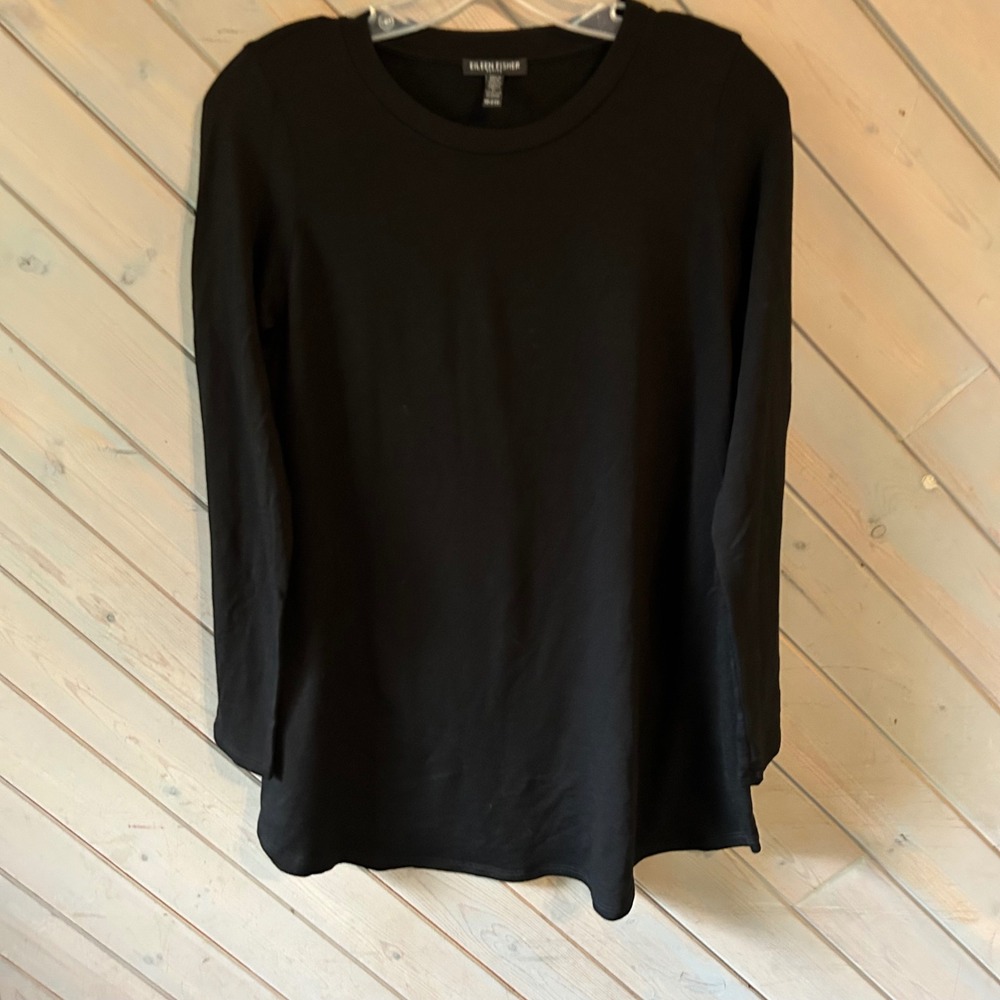 Eileen Fisher Petite PP Black Tencel Lyocell Long Sleeve Crew Neck Tunic Top